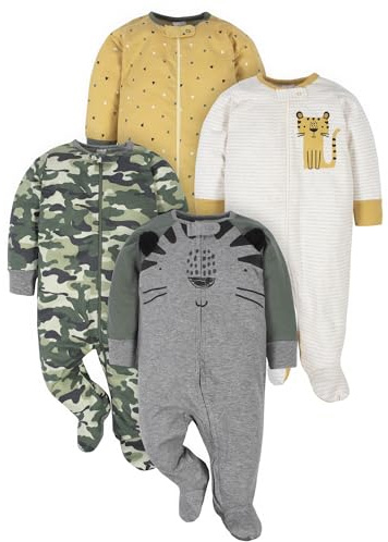 Gerber Baby Boys 4 Pack Sleep 'N Play Footie, Tiger Grey, 0-3 Months