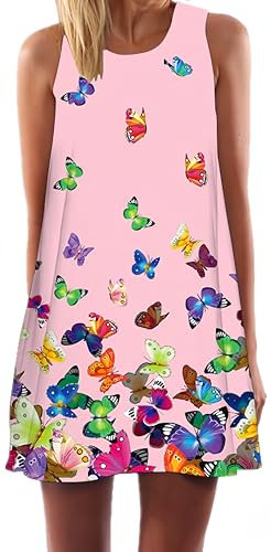 Ocean Plus Ärmlös Vintage Boho Strandklänning Sommarklänning Rund Hals Kort A-linje Skjortklänning Blusklänning (XL (SE 40-42), Färgrik fjäril på ros)