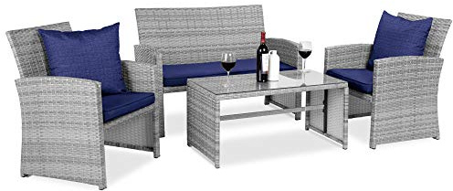 Best Choice Products 4-Piece Outdoor Wicker Patio Conversation Furniture Set for Backyard w/Coffee Table, Seat Cushions - Gray/Navy