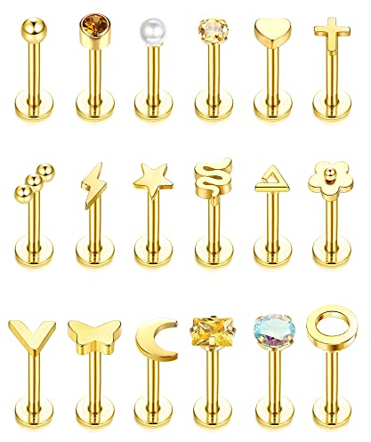 JeryWe 18PCS 16G Interior Labios Barras Labret Stud Piercing de acero inoxidable para mujeres y hombres Tragus Helix Shell Pendiente Monroe Labios Piercings Joyería 6MM