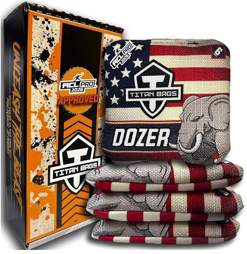 Titanväskor – Dozer Cornhole-väskor – ACL PRO-godkänd kastväska, professionella majshålspåsar, bönpåsar för Cornhole, kastpåsar för inomhus- och utomhusbruk, mocka tyg turnering bönpåse (Merica)
