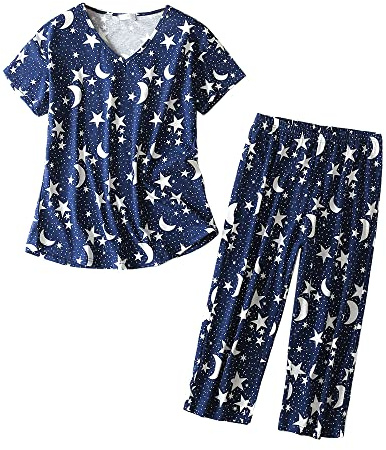Dreamskull Pigiama da donna a maniche corte, taglie forti, pigiama estivo da donna, taglie forti, top e pantaloni Capri a 3/4, stampa floreale, taglia S-XXXL, Navysatr2, 3XL
