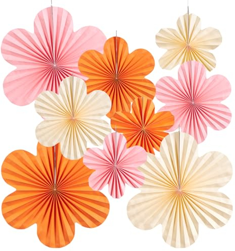 EASY JOY 9 Stück Papier Fächer Dekoration Orange Rosa Papierblumen Zum Aufhängen Party Deko Geburtstag Set für Hochzeit Geburtstag Tea Party Tischdeko Classroom Kirschblüten Backdrop Garland Deko
