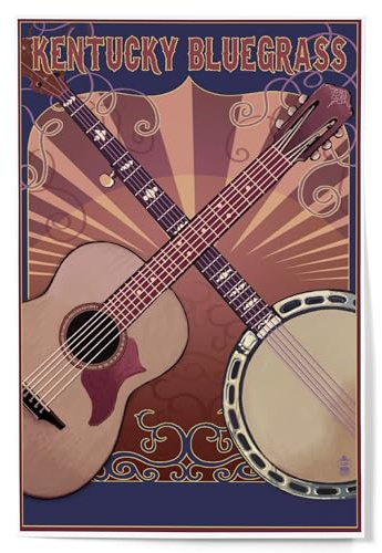 Lantern Press 12x18 Inch Art Print Wall Decor, Kentucky Bluegrass, Guitar and Banjo (12x18 Art Print, Travel Poster Wall Decor)
