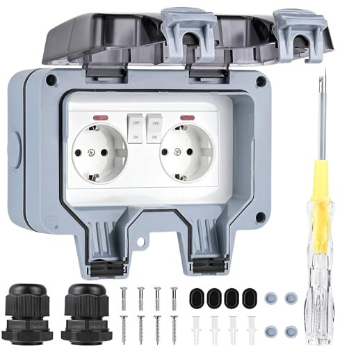 Weinsamkeit Prise Extérieure Etanche IP66 avec Interrupteur et Témoin Lumineux, Double Prise Etanche, Montage en Saillie, Résistante à Poussière et Intempéries, Prise de Jardin avec Couvercle