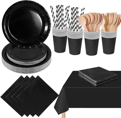 PYAILI Anniversaire Vaisselle de fete 169 Pièces Noir Party Assiettes en Papier Set Assiettes de Fête Papier Tasses Serviettesr, pour Barbecue les Fêtes les Pique-niques -24 Invités
