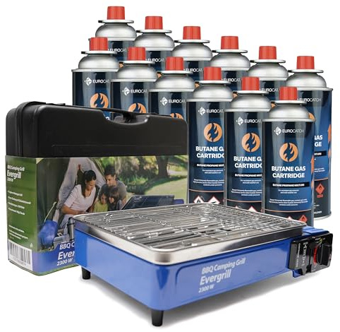 Eurocatch Butangas Camping Grill Evergrill - Inkl. 12 Gaskassetter - Gasgrill - Campingkök - Bordsgrill - Bordsbarbecue - Nödpaket