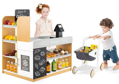 COSTWAY Marchande Enfants avec Chariot & Caisse Enregistreuse Réaliste, Supermarché Enfant en Bois avec 2 Tableaux Noirs & Étagères de Présentation, Épicerie pour Enfants de 3 Ans+