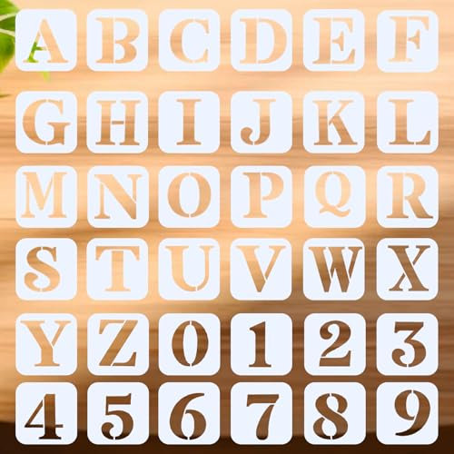 cobee 36 Stück Buchstaben Schablone, Wiederverwendbare Buchstaben Zahlen Schablone Set, 5 cm Kunststoff Zahlenschablonen Alphabetschablone für Holzschilder Kuchen Malerei Handwerk