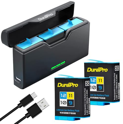 DuraPro 2X 1800mAh Akku+ LED 3-Slots Aufbewahrungsbox Ladegerät mit Typ C Port für Gopro Hero 12 Black/Hero11 Black/Hero10 Black/Hero 9 Black Kameras