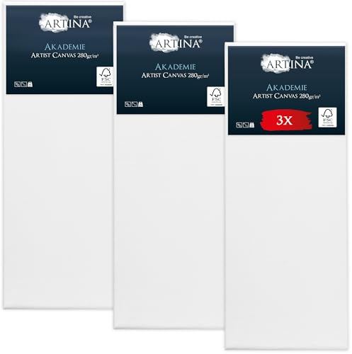 Artina FSC® Canvas for Painting 30x80 cm - 3pcs Blank Canvases for Art for Acrylic, Watercolour & Oil Painting - 100% Cotton Canvas Stretcher Frame 280 g/m² - Akademie
