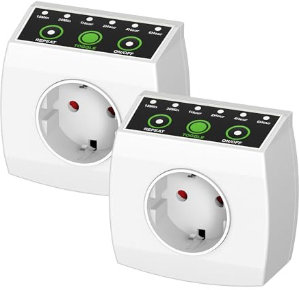 HBN 2 enchufes con temporizador de cuenta regresiva, temporizador con cuenta atrás en 6 niveles (15 min a 6 h), enchufe de bajo consumo con función de repetición y seguridad para niños, 16 A/3.680 W
