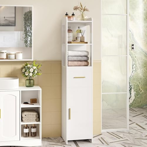 HEXCELEN 138,6 cm Meuble Colonne Salle de Bain, Meuble de Rangement, Armoire d’Angle avec Une Porte et Un Tiroir, Étagères Réglables, Compartiment Ouvert, pour Les Petits Espaces, Blanc