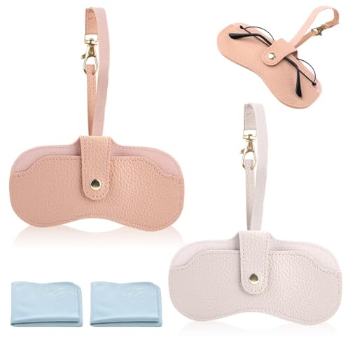 Wefaly Étui Lunettes Cuir 2 Pièces, Etui Lunettes Souple Portable PU Cuir Poche Sac Souple Pochette Lunette Pochette pour Lunett es de Soleil pour Femmes Hommes Enfant (Beige + Rose)
