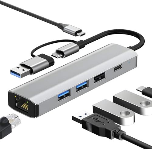 Anluomafuy Hub USB 3.0 USB C Ethernet 5 in 2, Adattatore di Rete da USB 3.0 Gigabit Ethernet, Adattatore USB a LAN RJ45 1000Mbps con Tipo C, Multiporta Adapter per Windows XP/MAC/Linux/Chromebook