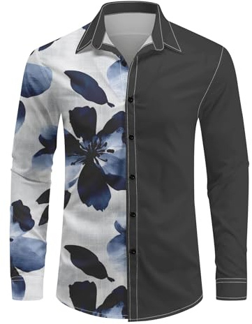 YFFUSHI Camicia da Uomo Floreal Maniche Lunghe Camicie Casual Aloha Hawaiana Regular Fit