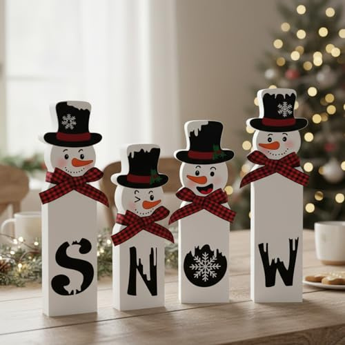 QhgPnt Christmas Decorations, Set of 4 Snowman Tabletop Decor, Traditional Indoor Xmas Decorations, 15 cm Festive Holiday Centerpiece for Home and Kitchen