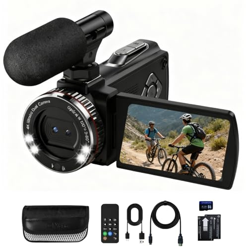 Euiivnt 4K Camcorder Video Camera, Vlogging Camera for YouTube with External Mic, Digital Zoom & 3.0” Flip Screen, 2 Batteries, 64GB Card & Remote Control (48MP CAM)