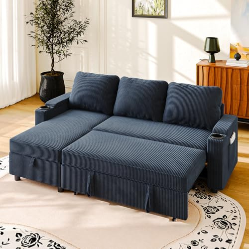JUMMICO Canapé d'angle Convertible 3 Places, canapé lit avec Rangement intégré et accoudoirs multifonctionnels, idéal pour Salon, Bureau et Petit Appartement, Design Moderne et Pratique,Bleu Marine