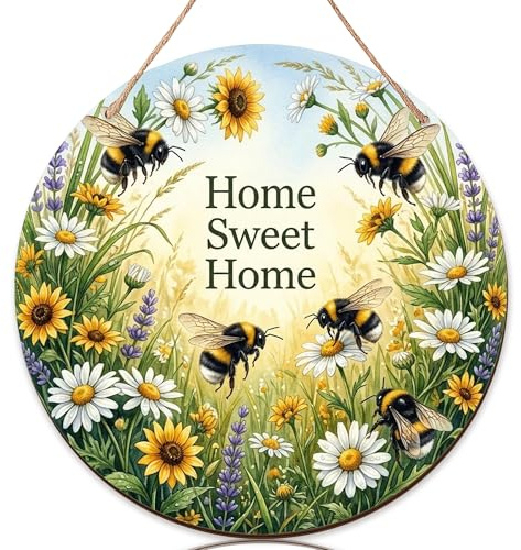 Cartello di benvenuto con api per porta d'ingresso, natura primaverile girasole crisantemo primavera in legno giallo cartello di benvenuto per portico belle decorazioni per la casa, set di 1