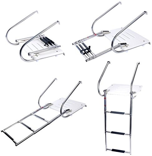 Amarine Made 3 Step in-Board Outboard Transom Platform Telescoping Boat Ladder Stainless Steel with Fiberglass Swim Platform for Swimming Pool Pontoon Dock Collapsible Step Ladder with 2 Handrails