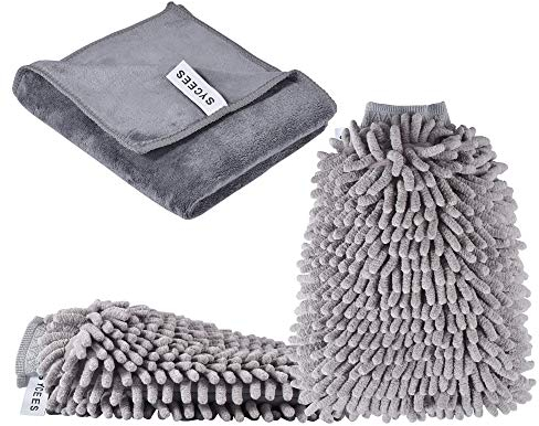 SYCEES Guanti Panno per Lavaggio Auto Kit Pulizia Lucidatura Auto/Impermeabile Super Assorbente Microfibre Pelo Ultrafine/Confezione di un Paio di Guanti e un Panno da Pulizia (grigio)