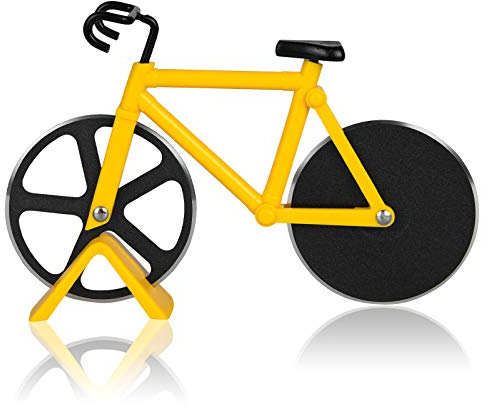 Flintronic Corta Pizza Antiadherente, Ruedas Cortadoras De Pizza De Bicicleta, Cortadora de Pizza para Bicicleta con Soporte, Acero inoxidable Doble, Amarillo