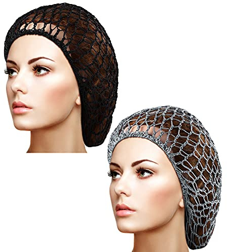 Waydress 2 Pieces Mesh Hair Net Rayon Knit Snood Women Crocheted Sleep Cap (Black, Gray)