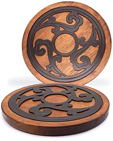 Cast Iron with Wood Trivets Set of 2, Wooden Trivets for Hot Dishes, 8-inch Round Kitchen Hot Pads for Table and Kitchen Counter- Heat Resistant, Rustproof, Non-Slip Durable, Hand Crafted (Black)