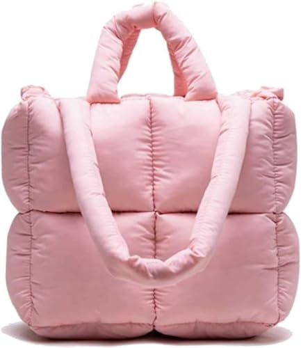 Femmes Puffer Tote Bag - Grand Puffer Tote Bag Portefeuille rembourré Souple Coton Plaid matelassé Sac à bandoulière Unique Sac à Main (Pink)