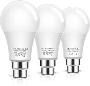 Flaspar Bayonet Light Bulbs, 100W Equivalent B22 LED Bulbs Bayonet, 6000K Cool White, 13W Daylight Bulbs BC GLS A60 Energy Saving for Chandelier, Living Room, Non-dimmable, Pack of 3
