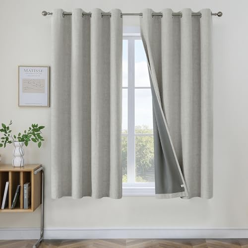 Joydeco Juego de 2 paneles de cortinas opacas de 63 pulgadas de largo, cortinas opacas con textura de lino para oscurecer la habitación, 63 pulgadas de largo, cortinas opacas con aislamiento térmico y