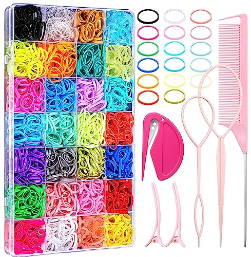 28 Colored Rubber Bands for Hair, 1500 Pcs Small Girls Elastic Ties With 6 Styling Tools - Colorful Accessories for Baby Toddlers Kids