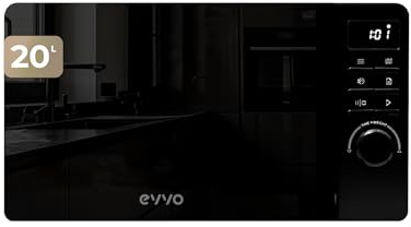 EVVO Microondas M20 Black, 20L de Capacidad, Grill 800W, Puerta Efecto Espejo, Multifunción, Función Descongelar, Temporizador 60 Minutos,Display Digital (Acabado Negro)