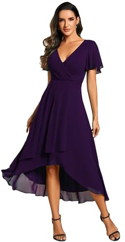 Ever-Pretty Robe D'Invité Jupe Trapèze Col en V Manches Volantées Robe Femme Chic Et Elegant Belle Robe Soirée Orchidée 36 Voilet Foncé 38