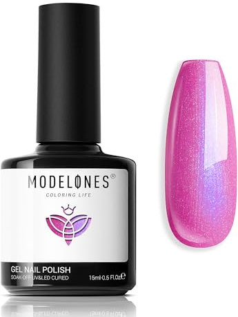 Modelones Pink Gel Nail Polish, 15ML 1Pc Shimmer Hot Pink Gel Polish Chameleon Gel Nail Soak Off Led Summer Nail Polish Glitter Gel Nail Polish for Women Girl Gifts