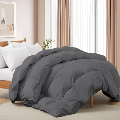 Deodar Piumino in Piuma d'Oca Singolo 135x200 | 420gr/m² in Piumino e Piume per 4 Stagioni | Tessuto Puro Cotone Biologico | Lavabile | Certificato Öko-Tex e RDS | Grigio Scuro