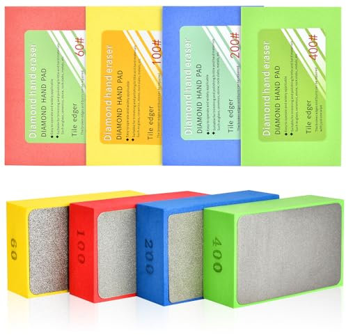 Akamino 8 PCS Diamond Hand Polishing Pads,Grit 60# 100# 200# 400# Tile Sanding Blocks,Plane Sharp Glass Polishing Kit for Tile Metal Stone Granite Marble Ceramics Concrete