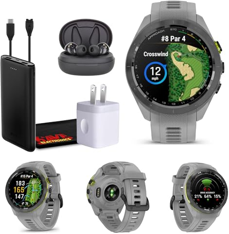 Garmin Approach S70 42MM Gray- Fitness Tracker Golf GPS Premium Smartwatch for Men, Lightweight Touchscreen AMOLED Display and Pre-Loaded Courses Bundle with Air Pro TWS Truly Wireless Earbuds -