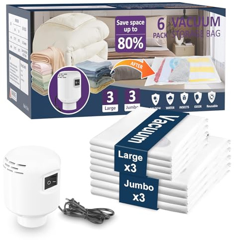 6 Pack Vacuum Storage Bags with Electric Air Pump, 3 jumbo, 3 large, Travel Clothes Space Saver Bags, Compression Airtight Seal Bags for Clothes, Pillows, Comforters, Blankets, Bedding(Combo)
