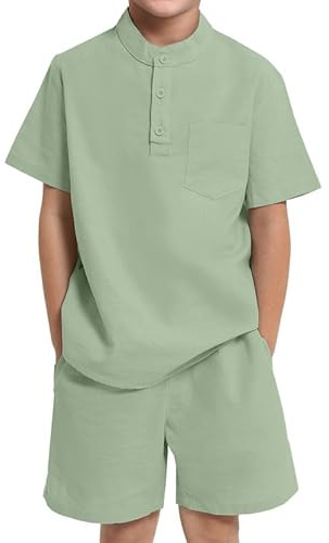 JiAmy Boys Outfits 2 Piece Clothing Set Solid Henley Collar Short Sleeves Shirts with Shorts Set Summer Casual Kids Outfit for 11-12 Years, Light Green