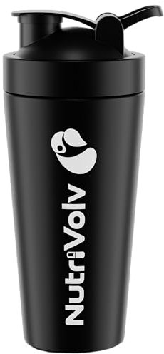NutriVolv Deluxe Steel Shaker Bottle 500ml | Insulated Metal Protein Shaker | Wire Mixball Whisk | BPA Free | Non-Drip Screw Lid | Black Colour | Perfect for Mixing Powdered Shakes | Supplement Bottle