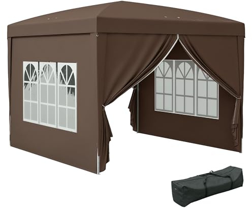 Outsunny Carpa Plegable Pop-up Gazebo 3x3 m Cenador Plegable con 4 Paredes Laterales Anti-UV y Bolsa de Transporte para Camping Fiestas Café