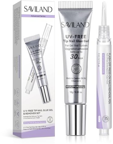 SAVILAND No Curing Solid Nail Glue Gel with Remover Pen: Strong Hold Nail Adhesive for Press On Nails with VE Castor Oil Quick & Gentle Removal Alcohol Free Nail Glue Remover for Manicure Art DIY