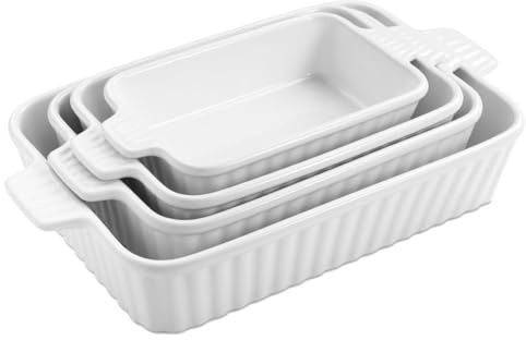 WishDeco Ceramic Casserole Dishes Set of 4, Baking Dishes for Oven, Rectangular Lasagna Pan Deep with Handles, White Porcelain Bakeware (38 cm / 31.5 cm / 28.5 cm / 24.5 cm), Oven & Microwave Safe