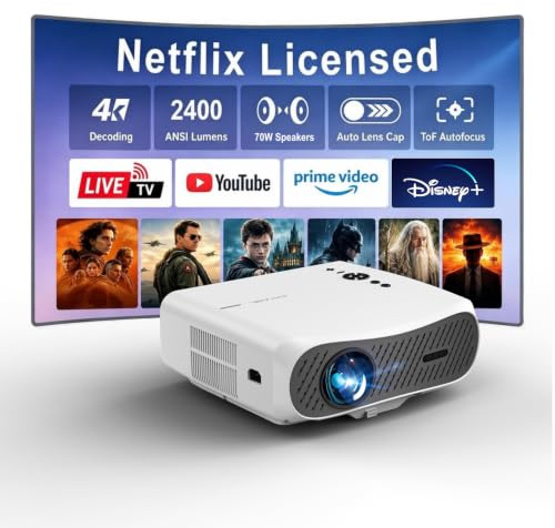 Smart Daytime Projector 4K with Netflix Licensed for Bright Room/Outdoor Party Night, 2400 ANSI High Brightness, 70W Dolby Audio, Auto Focus/Lens Cap, Shorter Throw, HDMI eARC CEC, WiFi6 Bluetooth5.4