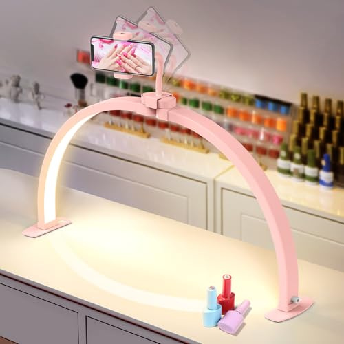 Yokilly Half Moon Light for Nail Desk: 29 Foldable Half Moon Nail Desk Lamp with Phone Holder for Beginner - Arch Tech Light with 3 Color Modes & 10 Brightness for Manicure Salon (Pink)