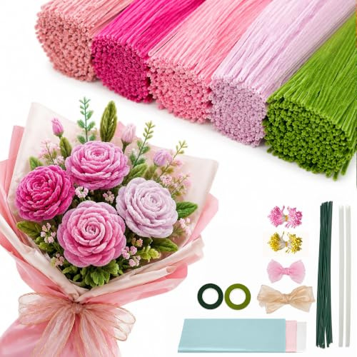 Rörrengörare blomset 500 stycken blommor pyssel rosa, piprengörare för pyssel 5 färger med blomstavar, presentfolie och tejp, rörrengörare chenilletråd för gör-det-själv blombukett skola