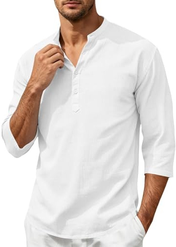 Camisa de lino para hombre de manga larga, ligera, con botones, camisa de verano con cuello redondo, transpirable, ajuste holgado, camisa de trabajo, retro, manga 3/4, informal, holgada, para la playa