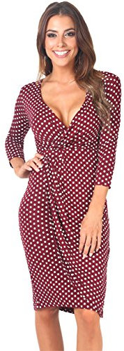 KRISP Women Polka Dot Wrap Midi Dress V-Neck 3/4 Sleeve (Wine, 12), 6487-WIN-12